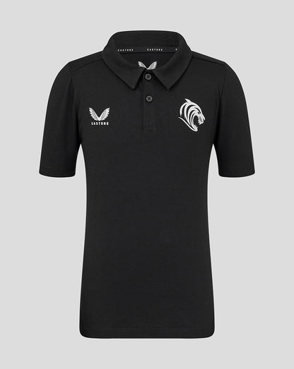 Black Leicester Tigers training polo for juniors showing a white tiger head crest on the right chest and Castore logo on the left