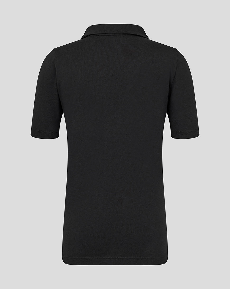 Back view of black junior Leicester Tigers training polo with short sleeves
