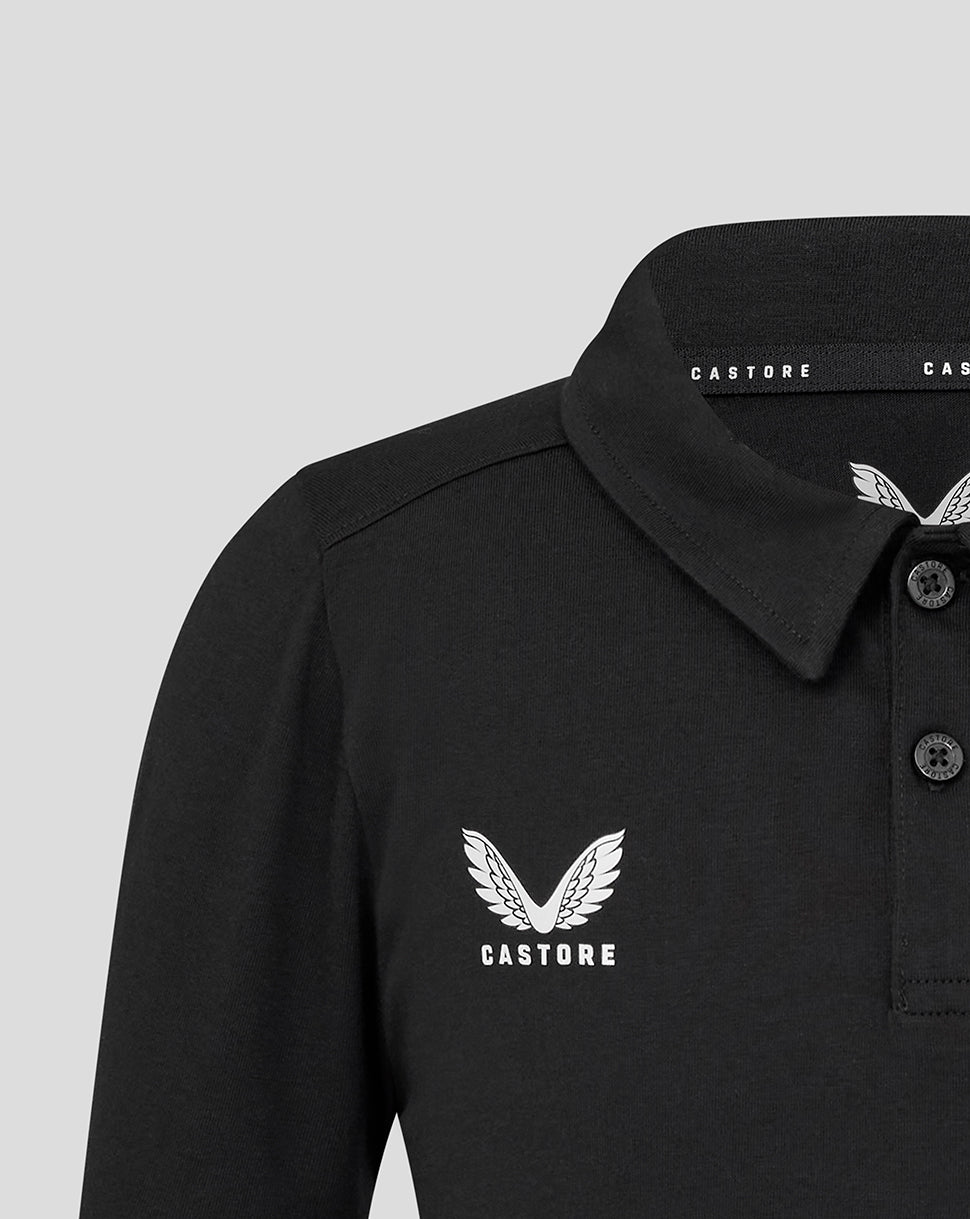 Close up of black Leicester Tigers training polo with white Castore wing logo on chest and collar detail.