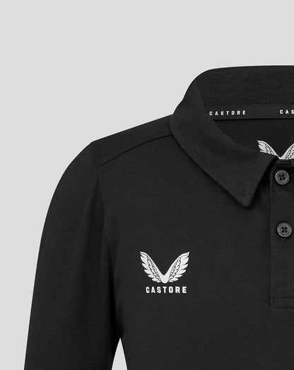Close up of black Leicester Tigers training polo with white Castore wing logo on chest and collar detail.