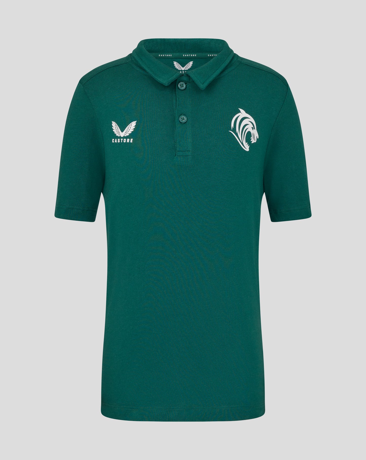 Botanical green Leicester Tigers junior training polo with white Castore wings logo on the left chest and tiger head crest on the right