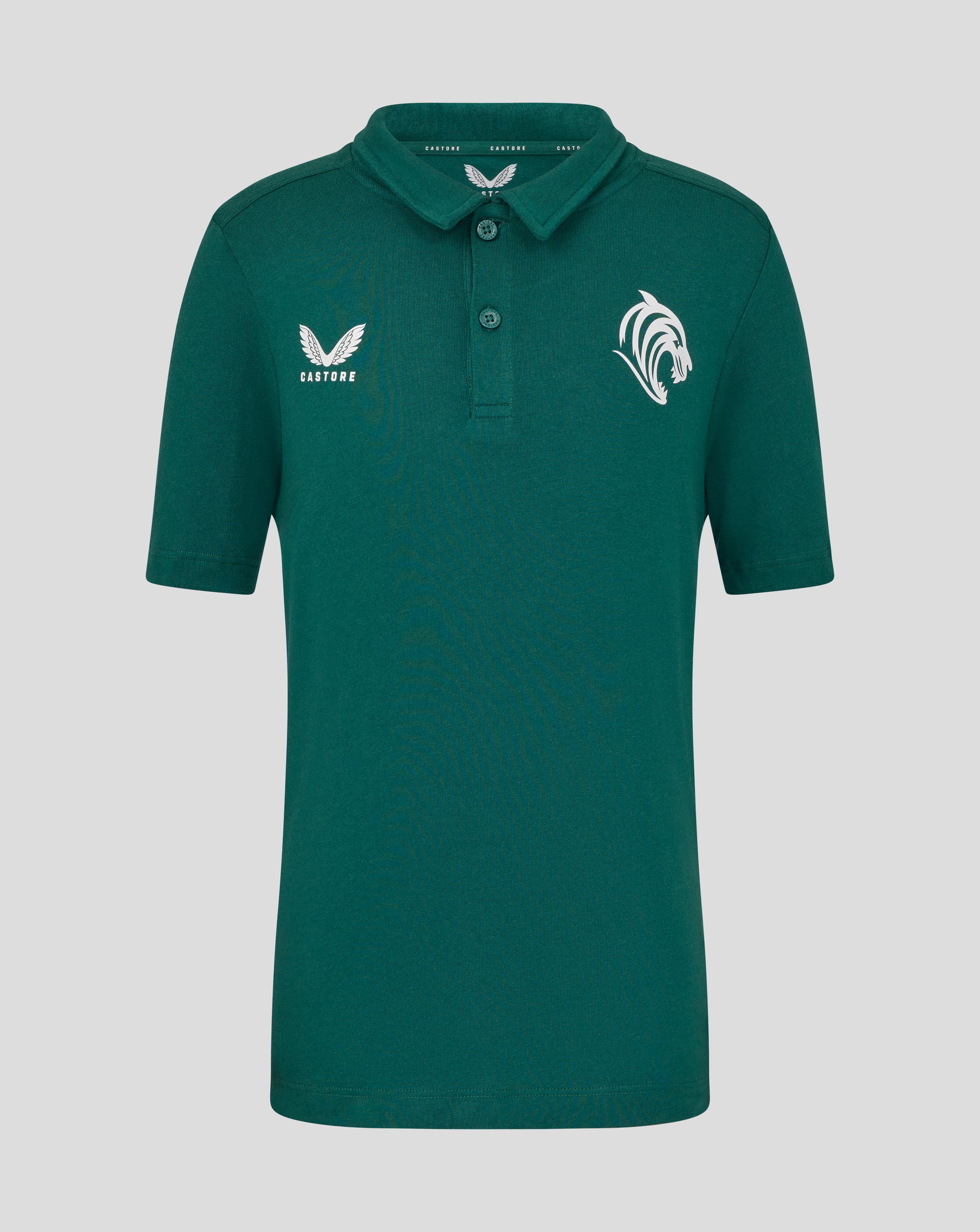 Botanical green Leicester Tigers junior training polo with white Castore wings logo on the left chest and tiger head crest on the right