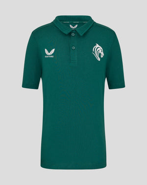 Botanical green Leicester Tigers junior training polo with white Castore wings logo on the left chest and tiger head crest on the right