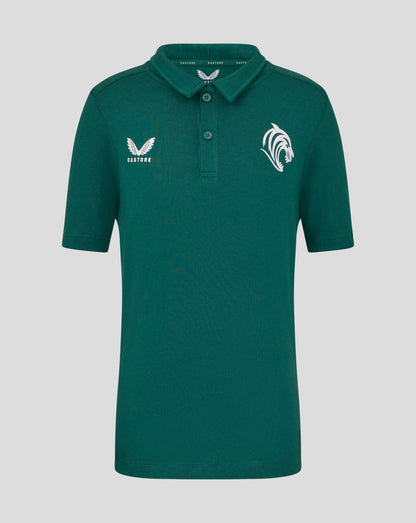 Botanical green Leicester Tigers junior training polo with white Castore wings logo on the left chest and tiger head crest on the right