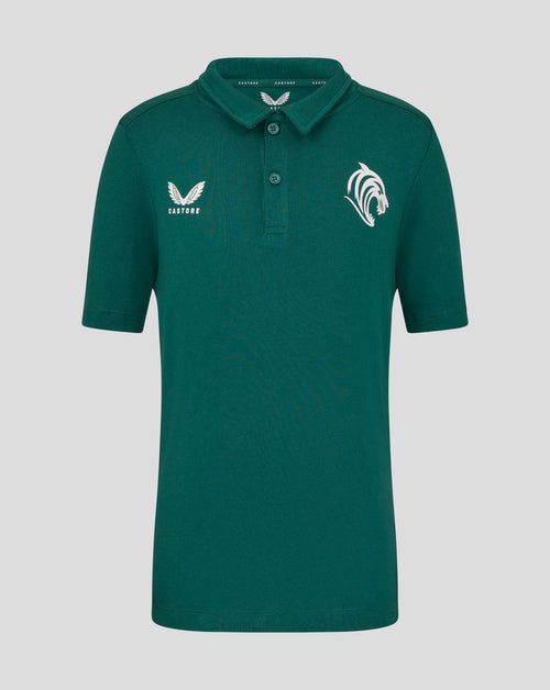 Botanical green Leicester Tigers junior training polo with white Castore wings logo on the left chest and tiger head crest on the right