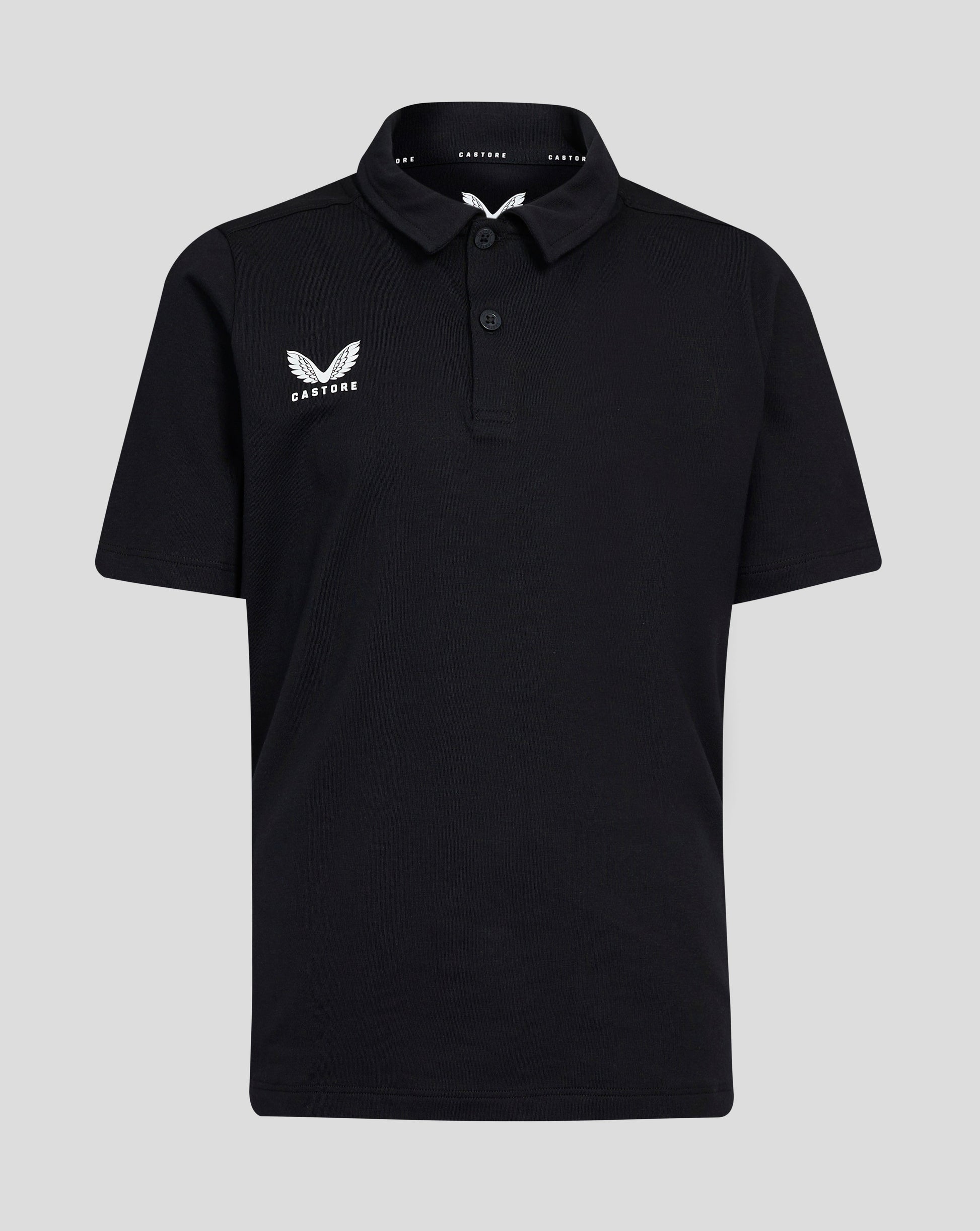 Junior Cotton Leisure Polo in black with Castore logo on the left chest and internal collar branding