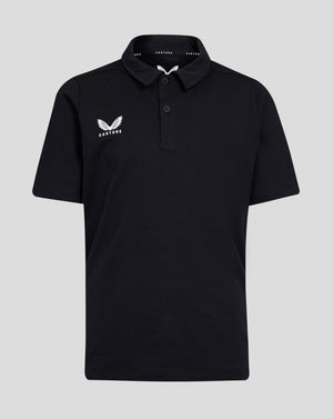 Junior Cotton Leisure Polo in black with Castore logo on the left chest and internal collar branding