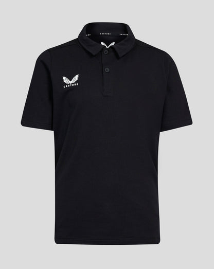 Junior Cotton Leisure Polo in black with Castore logo on the left chest and internal collar branding