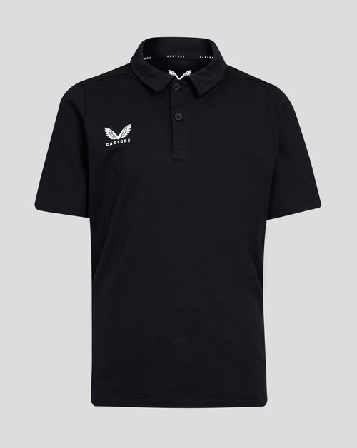 Junior Cotton Leisure Polo in black with Castore logo on the left chest and internal collar branding