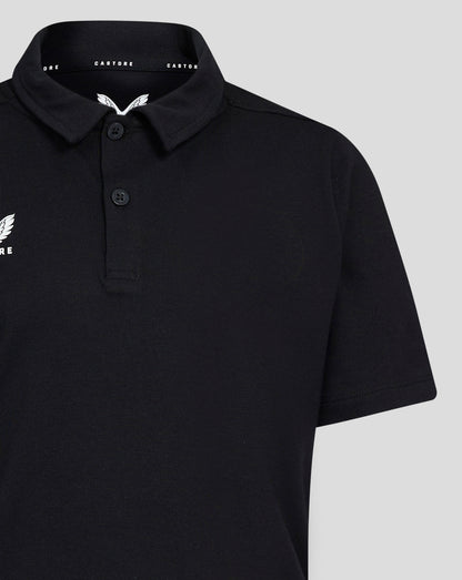Close up of collar and left chest Castore wing logo on black Junior Cotton Leisure Polo