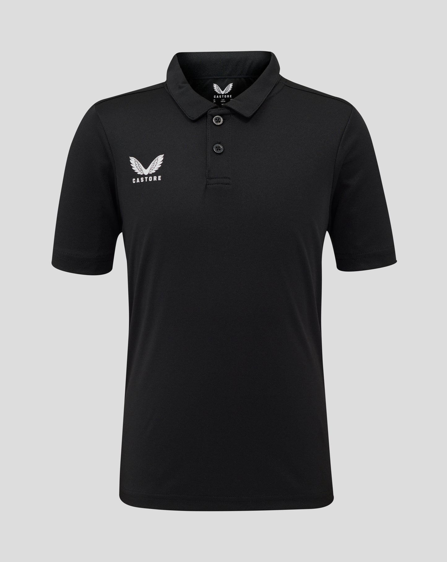 Front view of black Junior Performance Polo with three button placket and white Castore logo on left chest