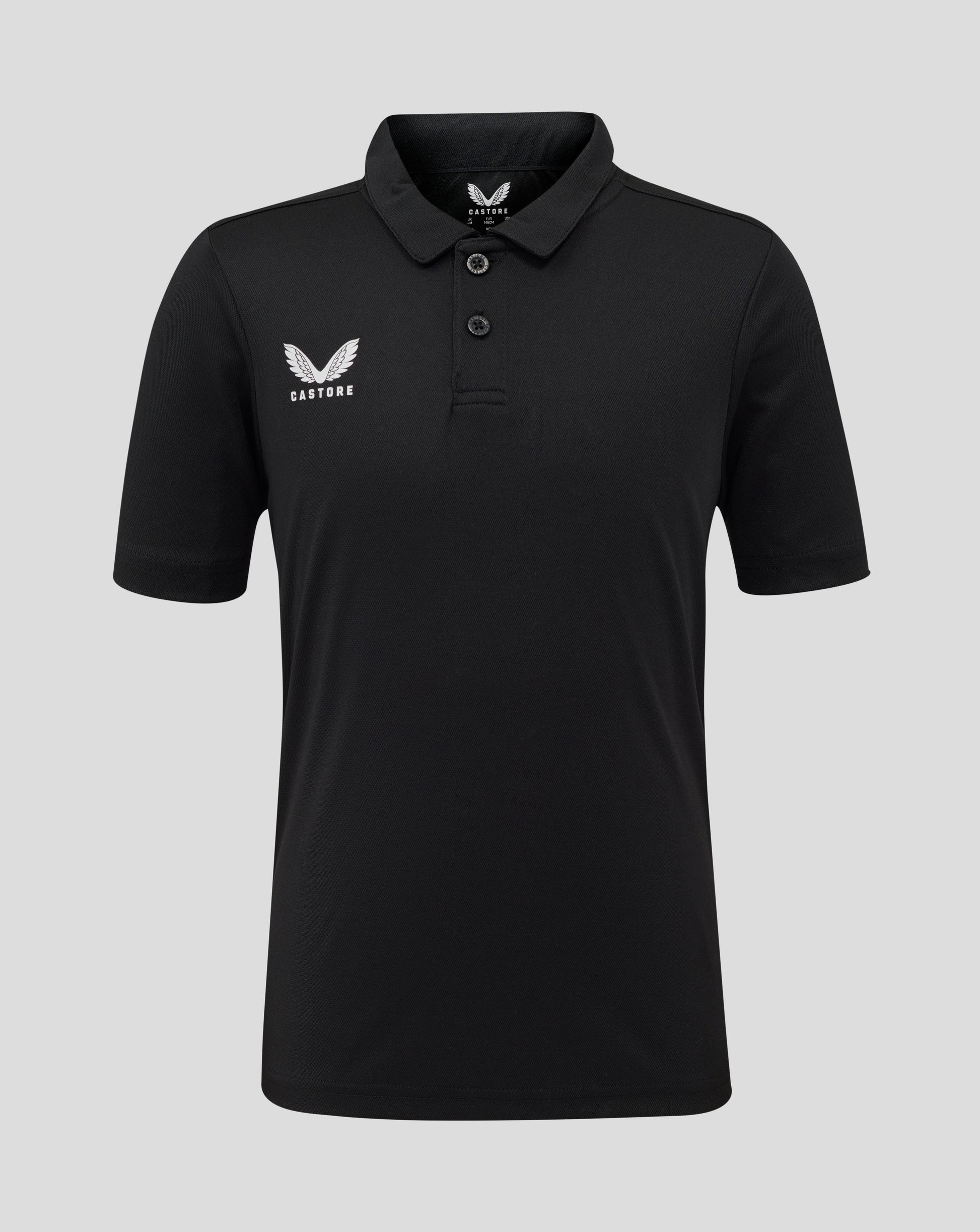 Front view of black Junior Performance Polo with three button placket and white Castore logo on left chest
