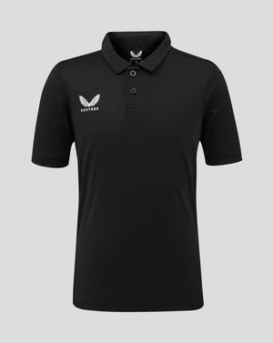 Front view of black Junior Performance Polo with three button placket and white Castore logo on left chest
