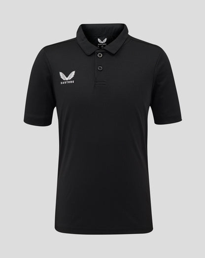 Front view of black Junior Performance Polo with three button placket and white Castore logo on left chest