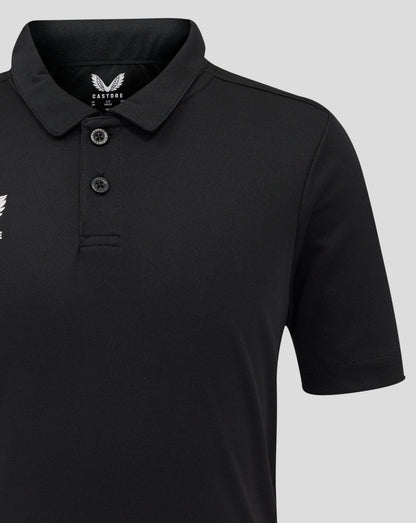 Close-up of the polo collar and placket in black with Castore branding at the collar