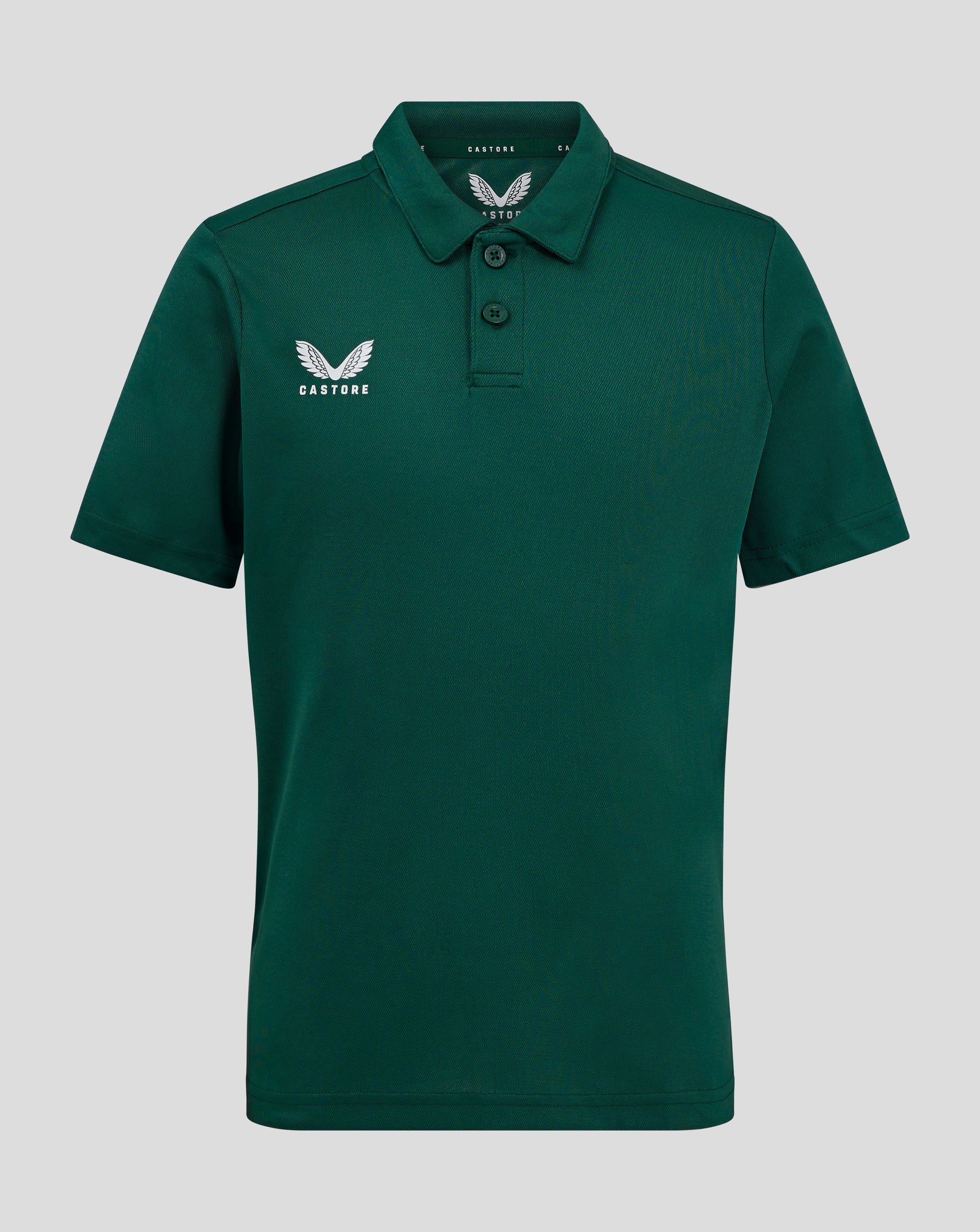 Dark green junior polo with self fabric collar three button placket forward shoulder seam and Castore logo on the chest