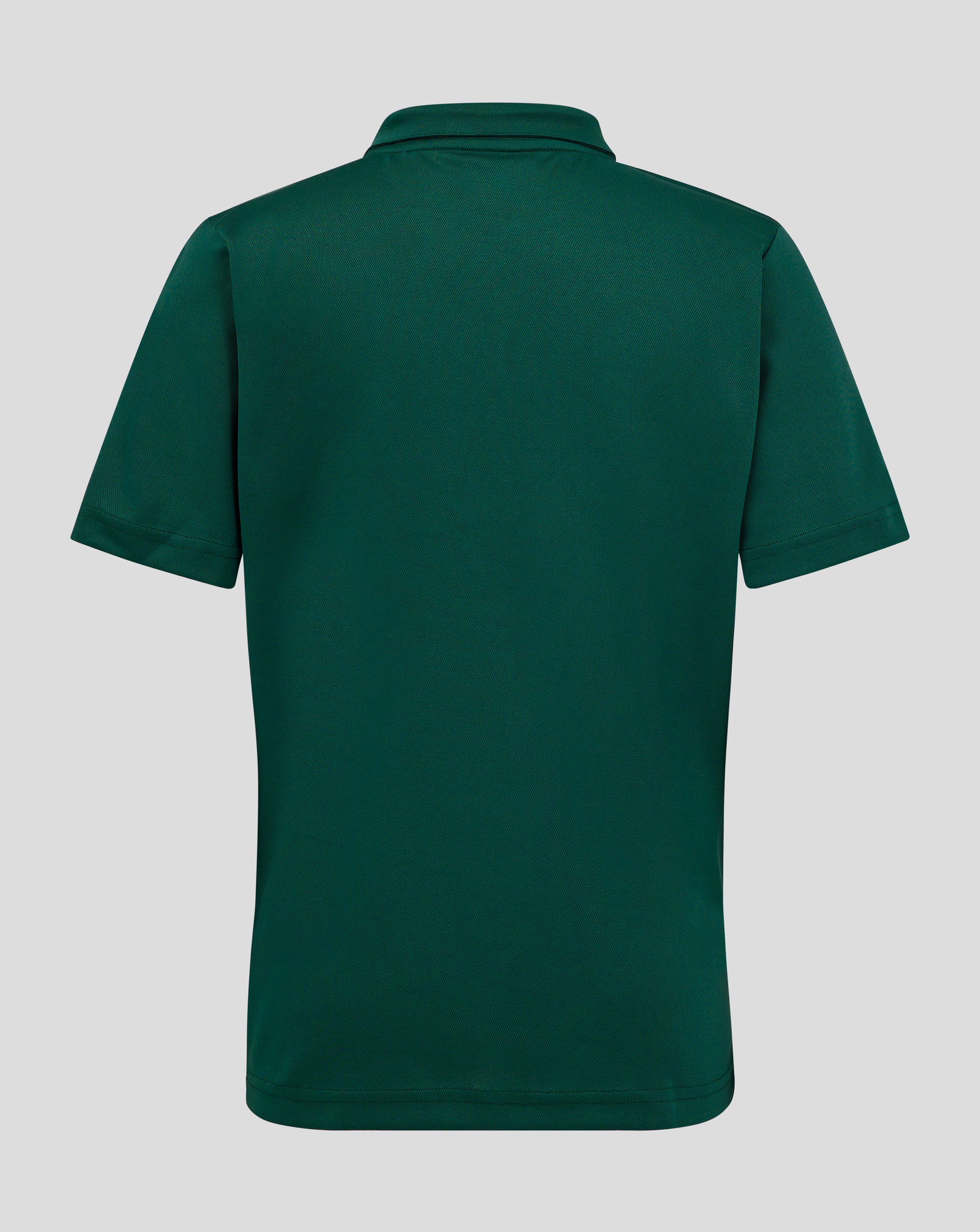 Back view of a dark green junior polo highlighting the collar and shoulder seam