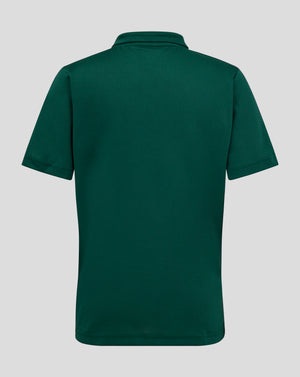 Back view of a dark green junior polo highlighting the collar and shoulder seam