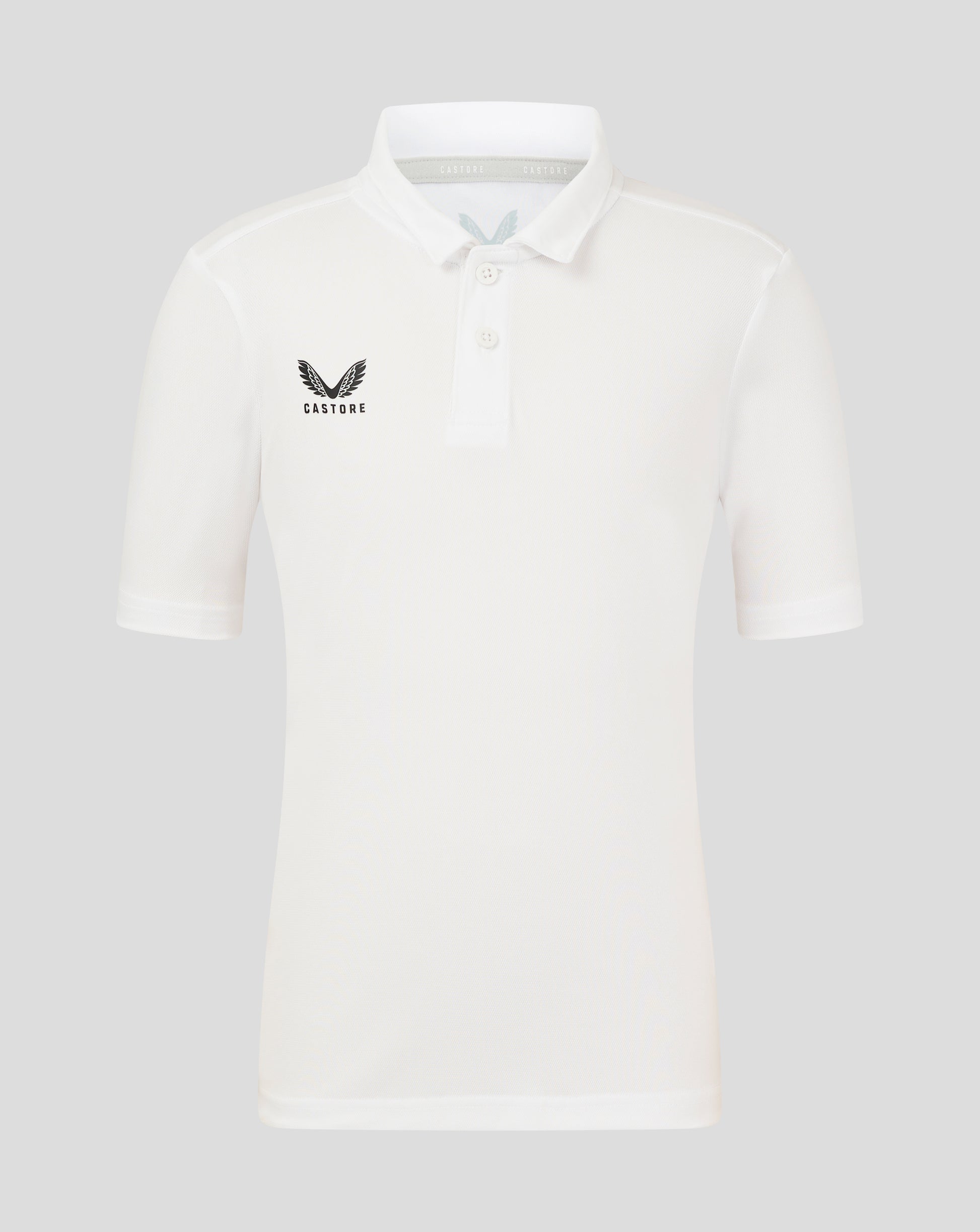 Front view of Brilliant White Junior Performance Polo with three-button placket and left chest wing logo