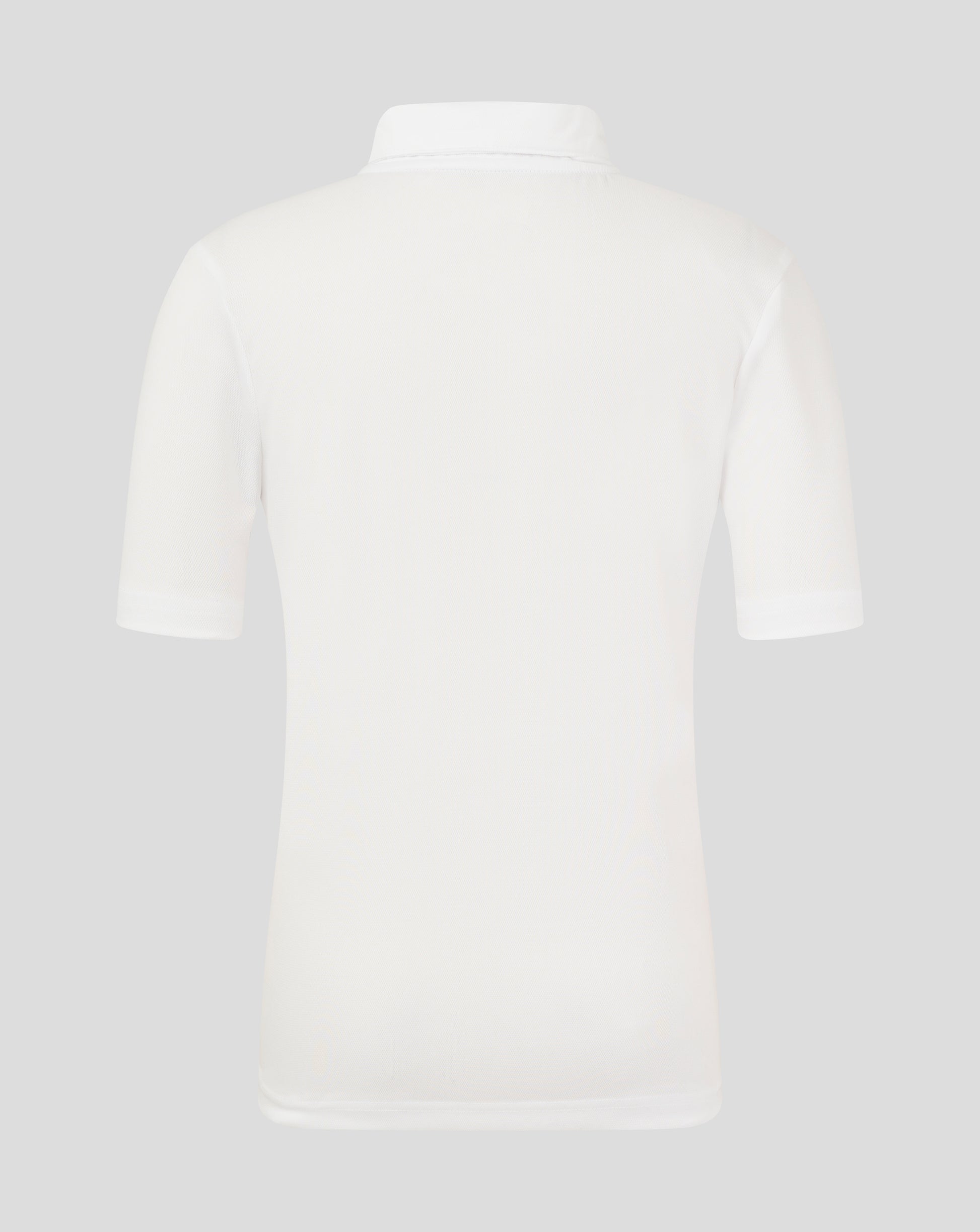 Rear view of Brilliant White Junior Performance Polo showing back collar and shoulder seam