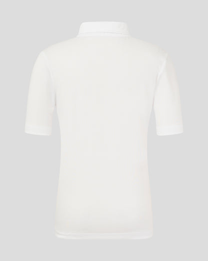Rear view of Brilliant White Junior Performance Polo showing back collar and shoulder seam