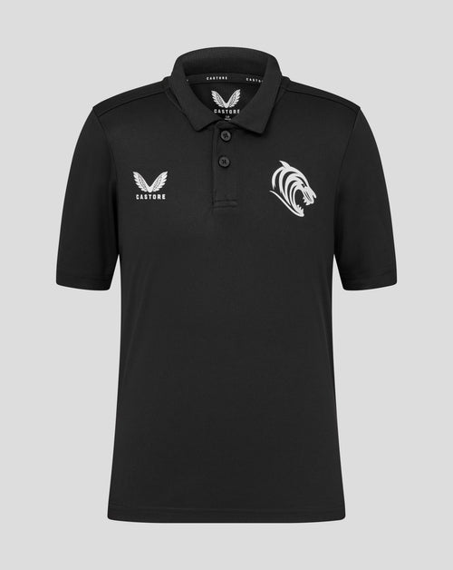 Black short sleeve polo with a large white tiger head graphic on the chest and Castore branding on the chest area