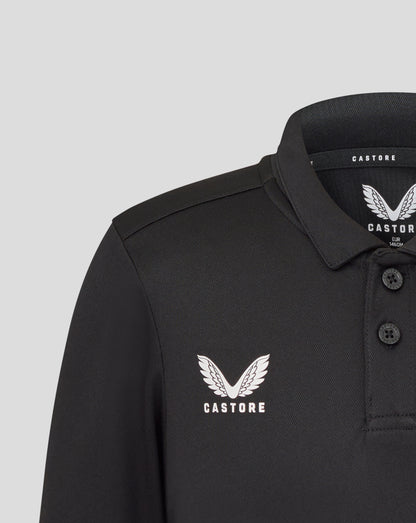 Close up of collar and chest with Castore branding on black Leicester Tigers junior training polo