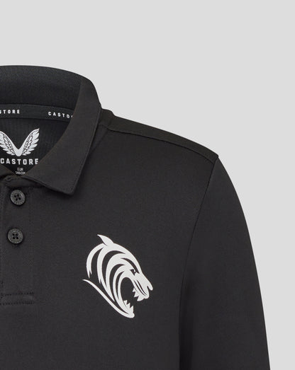 Front view of black Leicester Tigers junior training polo with prominent white crest graphic