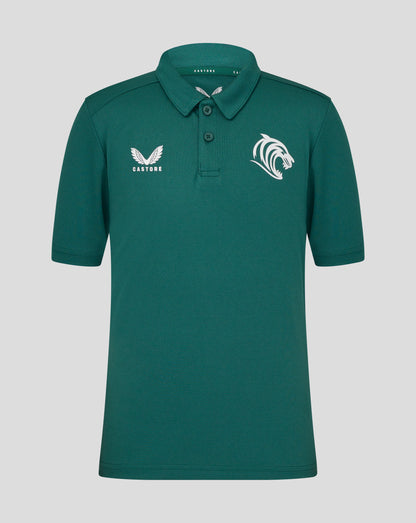 Front view of emerald green Leicester Tigers junior short sleeve training polo with two chest logos
