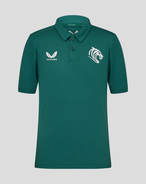 Front view of emerald green Leicester Tigers junior short sleeve training polo with two chest logos