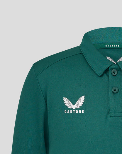 Teal green Leicester Tigers training polo close up showing white winged crest on chest and Castore branding