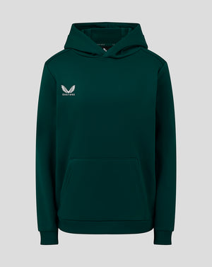 Emerald green Junior Performance Overhead Hoodie with front pocket and white Castore logo on chest