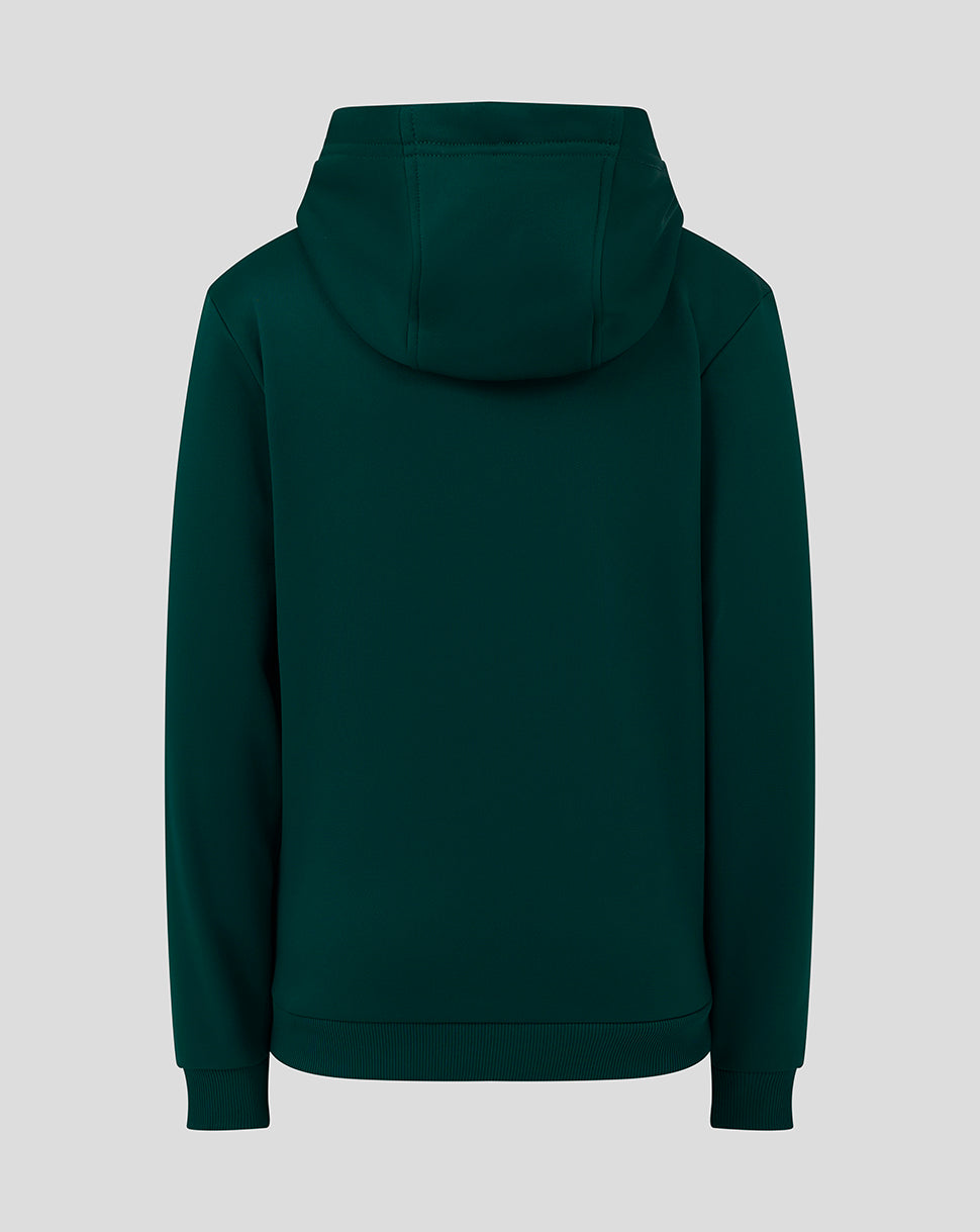 Back view of a dark green Junior Performance Overhead Hoodie with hood up