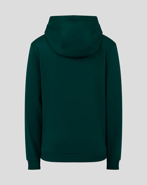 Back view of a dark green Junior Performance Overhead Hoodie with hood up