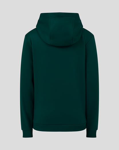 Back view of a dark green Junior Performance Overhead Hoodie with hood up