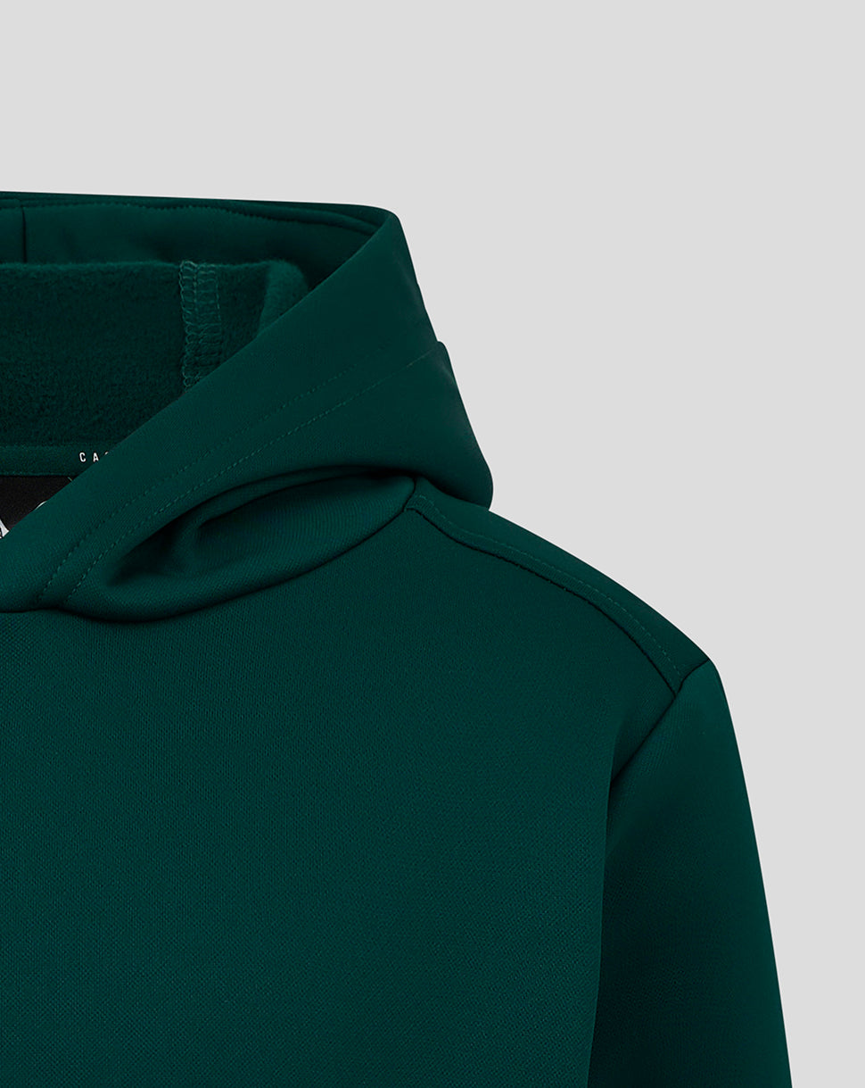Detail of the hooded jacket showing the hood interior and shoulder seam in dark green fabric