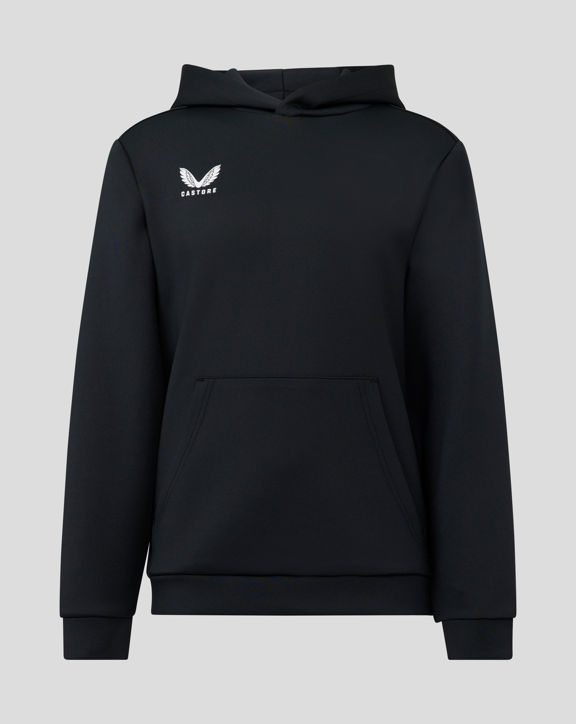 Black junior overhead hoodie shown from the back with a white Castore logo on the left chest