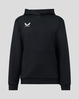 Black junior overhead hoodie shown from the back with a white Castore logo on the left chest
