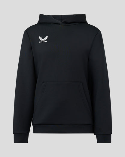 Black junior overhead hoodie shown from the back with a white Castore logo on the left chest