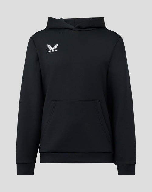 Black junior overhead hoodie shown from the back with a white Castore logo on the left chest