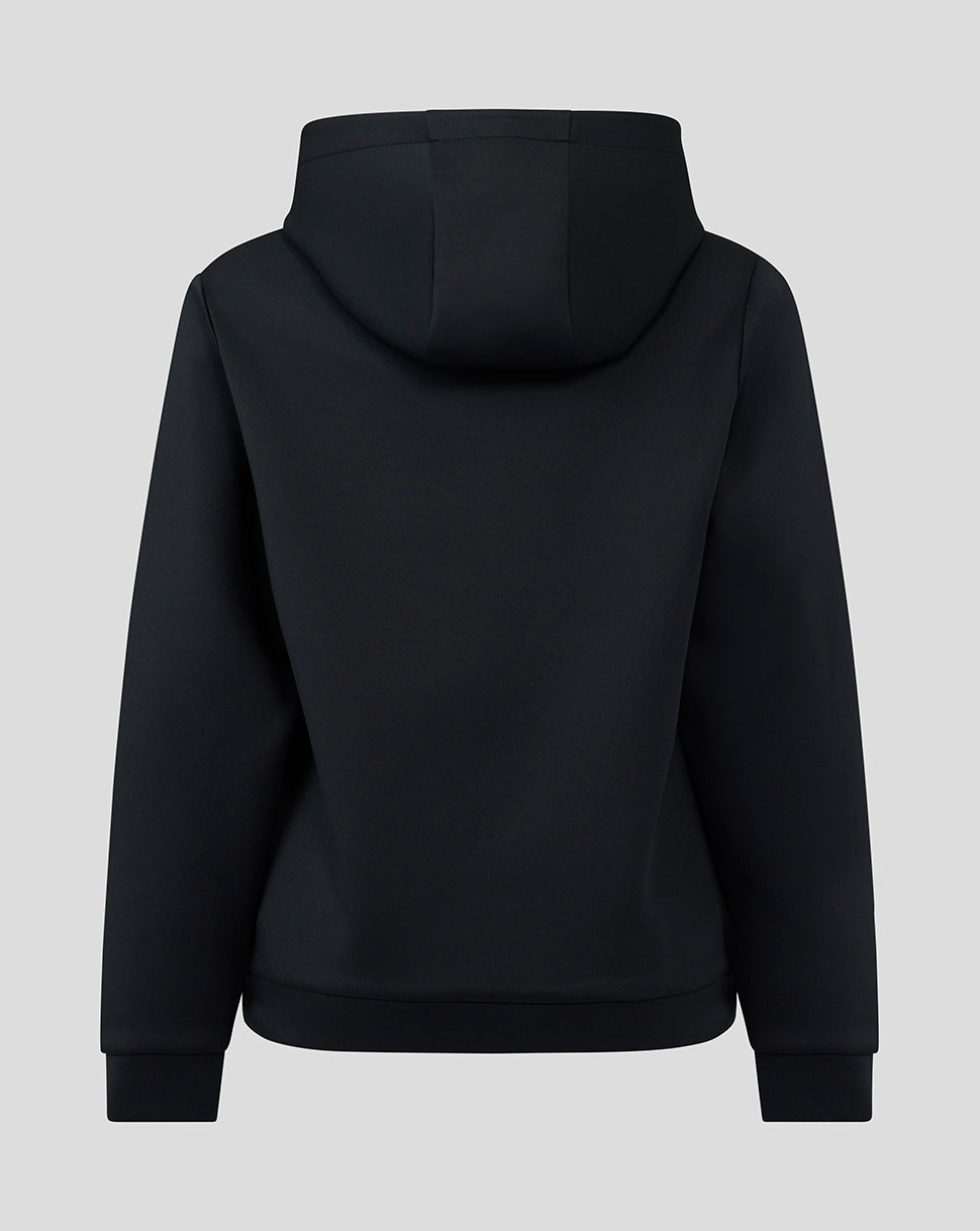 Back view of a black Junior Overhead Hoody with a hood and ribbed cuffs