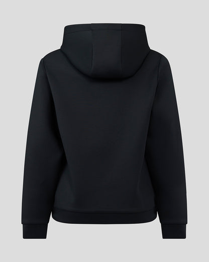 Back view of a black Junior Overhead Hoody with a hood and ribbed cuffs