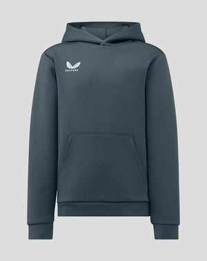 Front view of a dark slate junior hoodie with a kangaroo pocket and a small white Castore logo on the chest