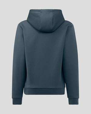 Back view of Junior Hoody in dark slate with the hood down