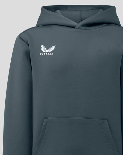 Front view of Junior Hoody in dark slate with a white logo on the left chest and a front pocket