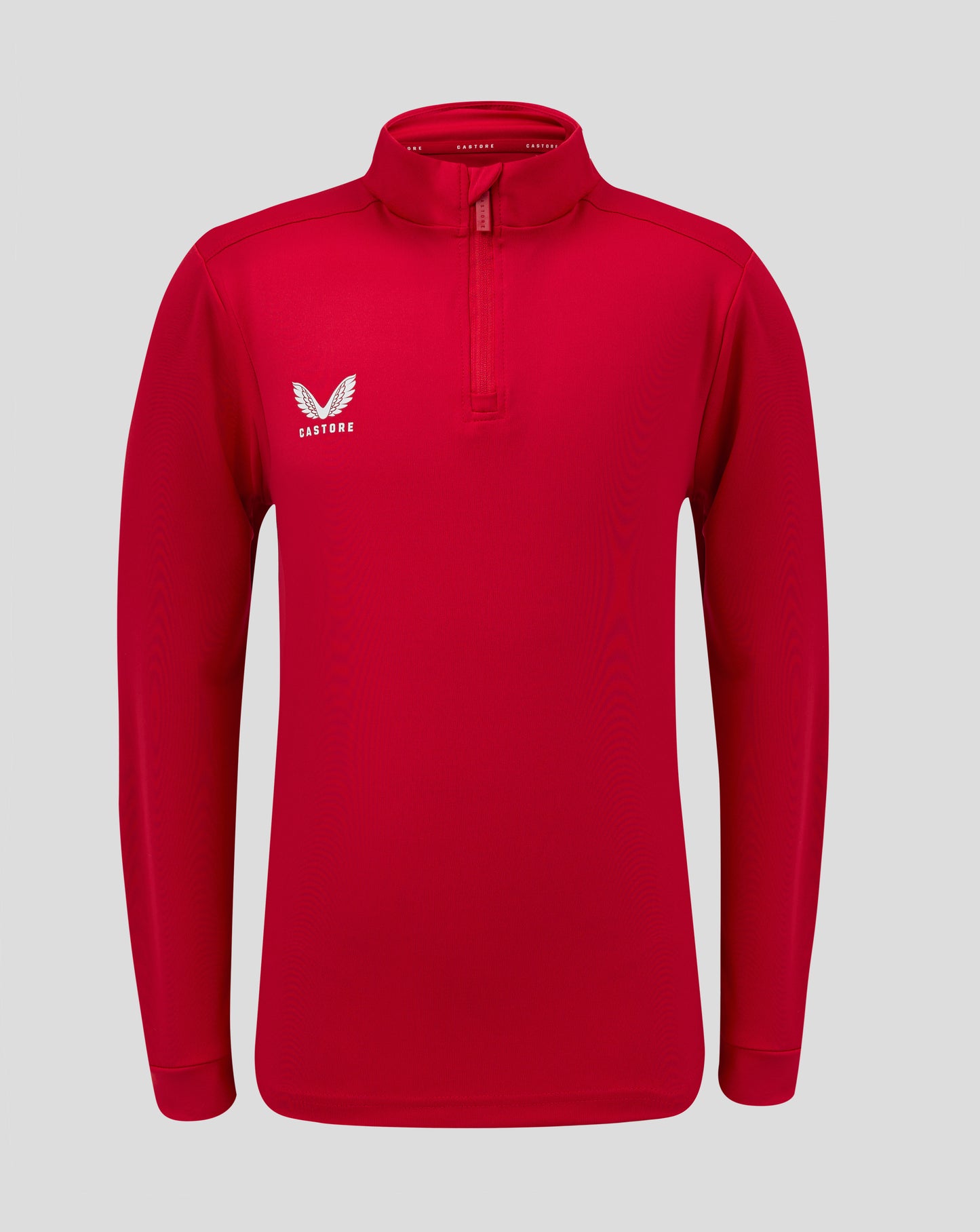 Front view of red Junior 1/4 Zip with funnel neck, zip placket and Castore logo on left chest