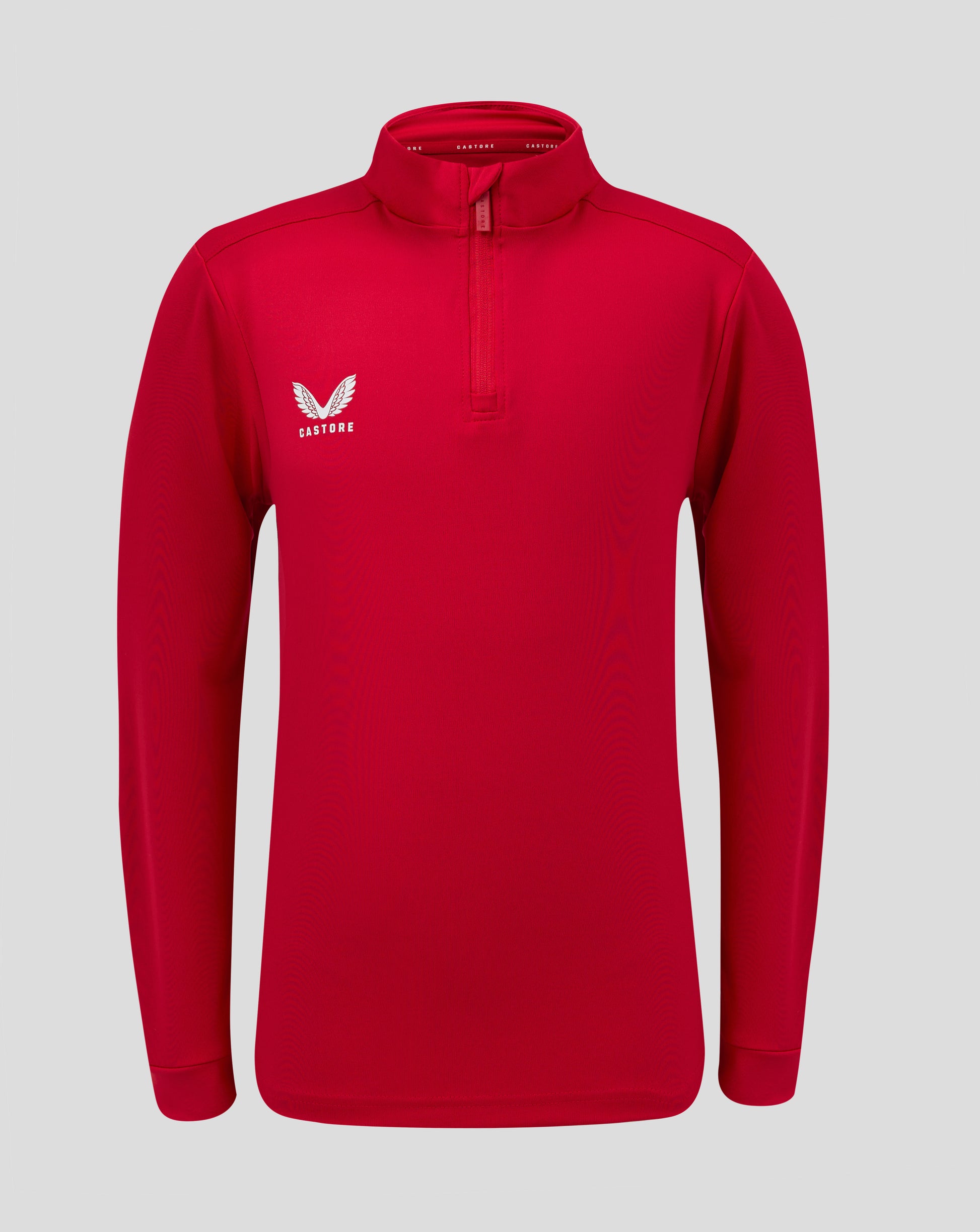 Front view of red Junior 1/4 Zip with funnel neck, zip placket and Castore logo on left chest