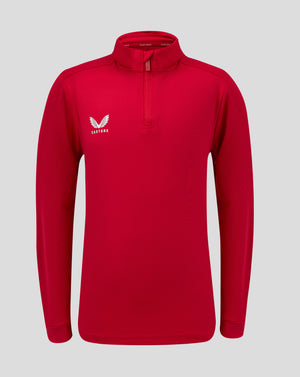 Front view of red Junior 1/4 Zip with funnel neck, zip placket and Castore logo on left chest