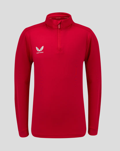 Front view of red Junior 1/4 Zip with funnel neck, zip placket and Castore logo on left chest