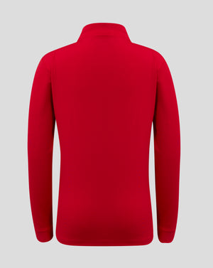 Back view of true red Junior 1/4 Zip with clean seams and high collar